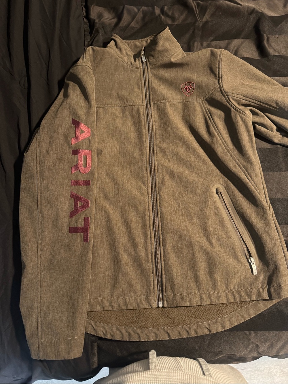 Ariat Olive Brown Lightweight Zip-Front Jacket with Burgundy Logo